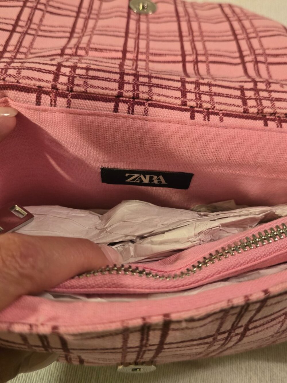 New Zara Pink Plaid Beaded Crossbody Bag With Chain Strap - Picture 6 of 16